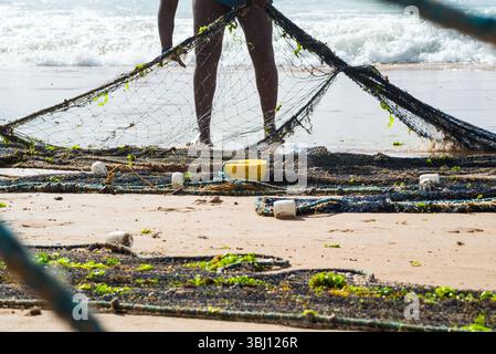 Mezzo corpo di un pescatore non identificato che tira una rete da pesca. specialità di pesce, hobby. Brasile Foto Stock