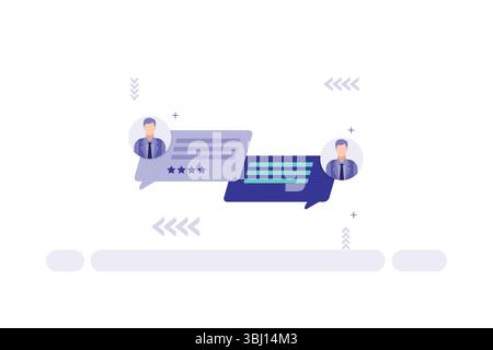 Illustrazione vettoriale di due bolle di chat con avatar aziendali, stelle e simboli di testo che rappresentano il feedback della comunicazione Illustrazione Vettoriale