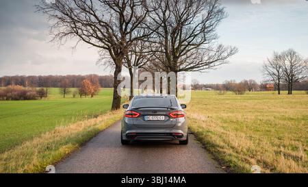 Gray Ford Mondeo su una strada di campagna nel tardo autunno. Immagine ampia con vista posteriore della berlina su una strada alberata rurale. Foto Stock