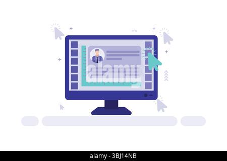 Illustrazione vettoriale dello schermo di un computer che visualizza una scheda profilo con avatar e testo, che rappresenta un'interfaccia utente digitale Illustrazione Vettoriale