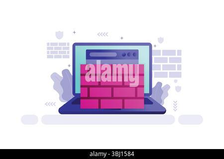Illustrazione vettoriale di un laptop con grafica firewall rosa ed elementi di protezione informatica Illustrazione Vettoriale