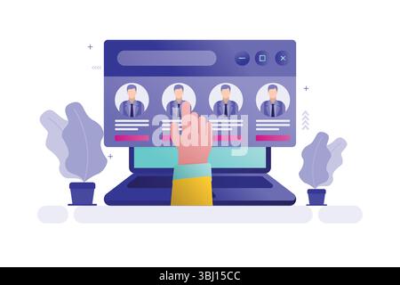 Illustrazione vettoriale della selezione del profilo online sullo schermo del computer con avatar utente Illustrazione Vettoriale