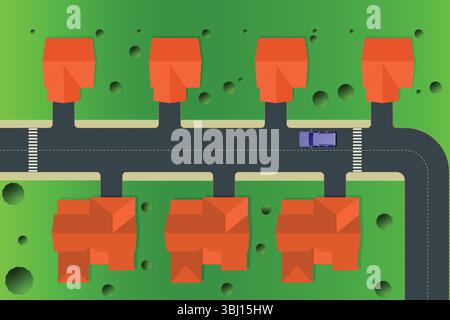 Vista aerea del quartiere suburbano, delle case con tetto rosso e delle strade con Blue Car Illustrazione Vettoriale