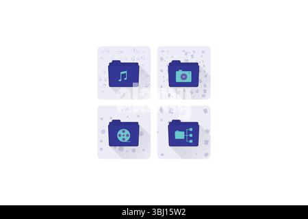 Icone del tipo di file digitale: Musica, foto, filmati e contenuti multimediali nelle cartelle blu Illustrazione Vettoriale