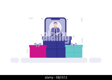 Uomo d'affari in smartphone con confezioni regalo: Premio digitale o bonus online Illustrazione Vettoriale