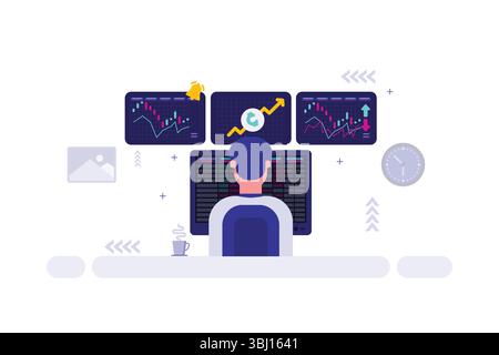 Illustrazione del Financial Trading Desk – persona presso i monitor con grafici, dati e simbolo di aggiornamento Illustrazione Vettoriale