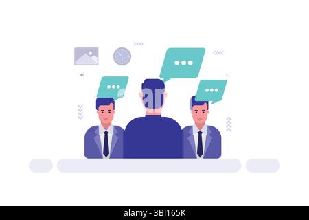 Illustrazione riunione aziendale – tre uomini in tuta con bolle di discorso che indicano conversazione e discussione Illustrazione Vettoriale