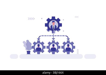 Illustrazione della gestione aziendale con quattro ingranaggi interconnessi: Top Gear che mostra un uomo in tuta che rappresenta la leadership Illustrazione Vettoriale