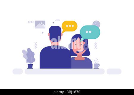 Illustrazione dell'assistenza clienti: Due persone alla scrivania con cuffia e bolla vocale che indicano l'assistenza in tempo reale Illustrazione Vettoriale