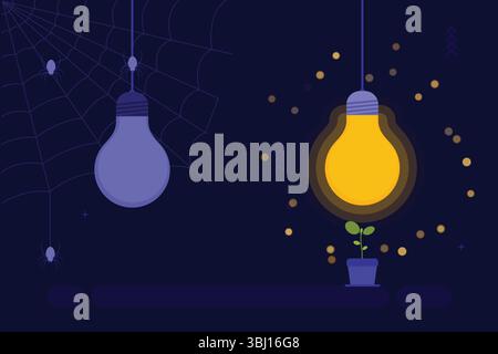 Un'illustrazione digitale a tema scuro presenta due lampadine a sospensione. La lampadina sinistra è spenta con ragni e ragnatele circostanti. Illustrazione Vettoriale