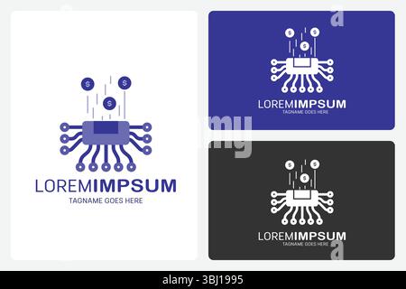 Modello di logo Digital Finance Chip. Questo logo mostra un chip con all'interno dei cartelli del dollaro. Mostra che il denaro e la tecnologia si uniscono. Illustrazione Vettoriale