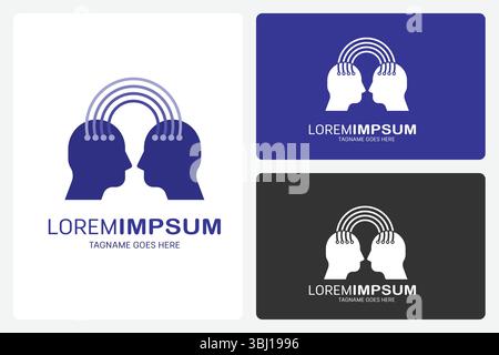 Modello logo Mind Connection. Questo logo mostra due teste umane blu rivolte l'una verso l'altra con cinque linee curve che collegano le teste. Illustrazione Vettoriale