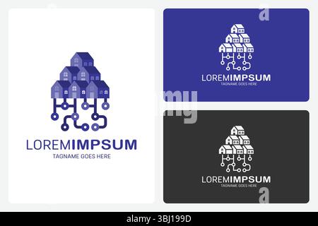 Modello di logo Smart Community – illustrazione vettoriale che mostra le case connesse e le persone in un quartiere digitale moderno Illustrazione Vettoriale