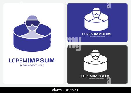 Modello del logo VR Experience. Il logo mostra una persona che indossa occhiali per la realtà virtuale all'interno di una forma circolare. Rappresenta il modo in cui la tecnologia VR crea Illustrazione Vettoriale