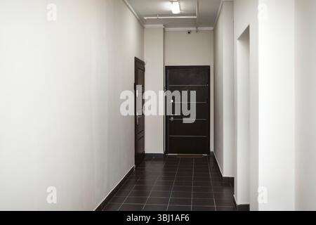 Corridoio luminoso in un moderno edificio di appartamenti con porte di legno scuro, pavimento piastrellato nero e pareti bianche minimalistiche. Foto Stock
