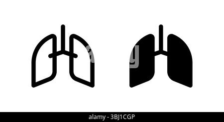 Set di icone polmonari. Un glifo nero e un'icona di contorno dei polmoni, che rappresenta la salute respiratoria. Illustrazione Vettoriale