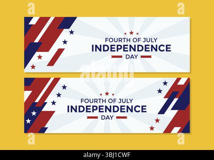 Modello banner per banner del 4 luglio impostato su sfondo giallo con elementi di bandiera americana come forma a stella, colore rosso e blu Illustrazione Vettoriale