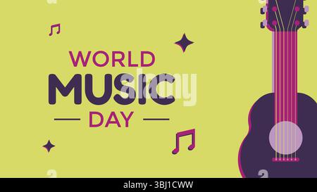 Sfondo del biglietto di auguri del World Music Day con illustrazione piatta di una chitarra su sfondo giallo Illustrazione Vettoriale