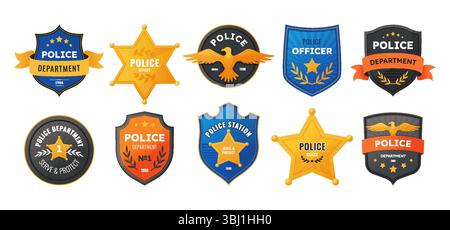 Logo della polizia. Emblema di sicurezza, scudo dell'agente o stella del ranger, insegne militari. Protezione della legge, applicazione degli agenti. Sceriffo o agenzia firma con i nastri. Illustrazione isolata in stile cartoni animati vettoriali Illustrazione Vettoriale