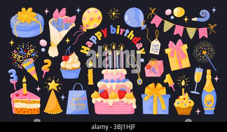 Adesivi per il compleanno. Torta per happy party con candele, buono regalo o invito natalizio con coriandoli e dessert. Celebrazione dell'evento. Bandiere o ghirlande chiare, palloncini colorati di carnevale. Illustrazione vettoriale Illustrazione Vettoriale