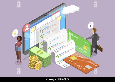 Illustrazione piatta isometrica 3D della ricevuta bancaria online e del calendario dei pagamenti delle fatture finanziarie Foto Stock