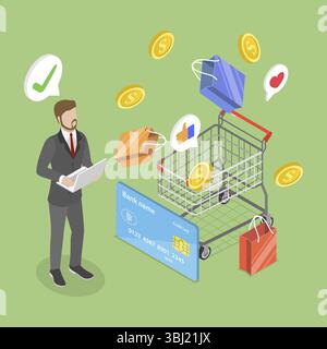Illustrazione piatta isometrica 3D di shopping online, marketing digitale e promozione Foto Stock