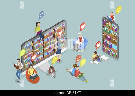 Illustrazione piatta isometrica 3D di Online Education, Digital Library Services Foto Stock