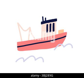 Icona della nave a vela, piccola barca sulle onde dell'oceano, illustrazione della nave da pesca, scena di viaggio nautica, disegno in stile scandinavo, simbolo del viaggio in mare. Illustrazione Vettoriale