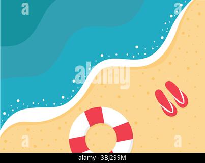 Soleggiata vista sulla spiaggia estiva con onde di mare Illustrazione Vettoriale