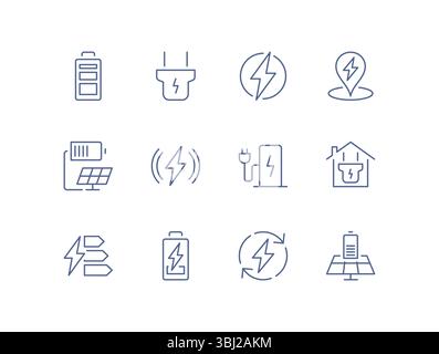 Set di icone relative alla carica elettrica, simboli relativi all'energia e all'alimentazione, tra cui livello della batteria, ricarica wireless, presa di corrente, auto elettrica. Illustrazione Vettoriale