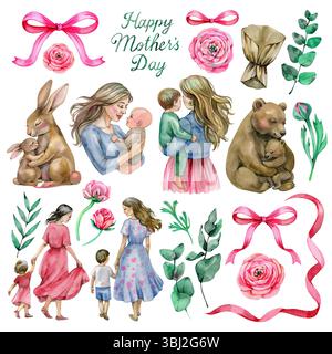 Set di illustrazioni per la Festa della mamma con mamma e bambino, fiori primaverili, animali e tipografia moderna Foto Stock