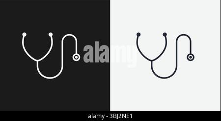 Stetoscopio su sfondo bianco e nero, che rappresenta medico, sanitario o medico, icona contorno bianco Illustrazione Vettoriale