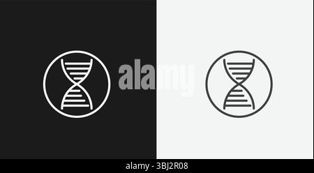 Doppia elica DNA all'interno di un cerchio su sfondo bianco e nero, che rappresenta la genetica o la biotecnologia, icona contorno bianco Illustrazione Vettoriale