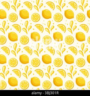 Motivo estivo senza cuciture con limoni interi, fette di agrumi e spruzzi di succo. Sfondo vettoriale cartoni animati. Illustrazione Vettoriale