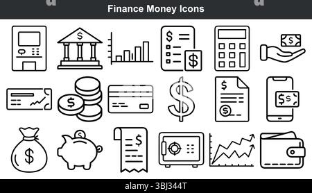 Icone denaro finanziario Black Line Art Illustrazione Vettoriale