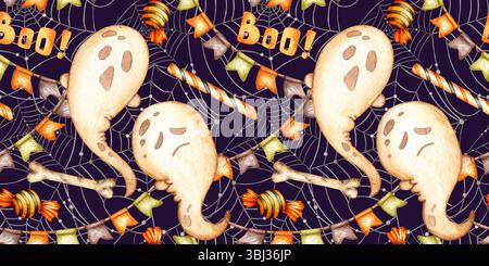 Ghost Small, colore beige, simpatica espressione inquietante, caramelle, ghirlanda, illustrazione di testo boo e ragnatela ad acquerello. Spirito di Halloween, isolato su blu Foto Stock