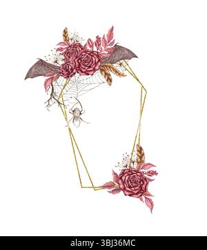 Illustrazione di rose di Borgogna, gemme e foglie rosa, ali di pipistrello, ragnatela e rami secchi ad acquerello. Design gotico con cornice geometrica dorata per ha Foto Stock