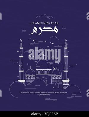 Muharram Line Art Illustration – Moschea del Capodanno islamico per Ramadan, calendario Hijri ed eventi islamici. Illustrazione Vettoriale