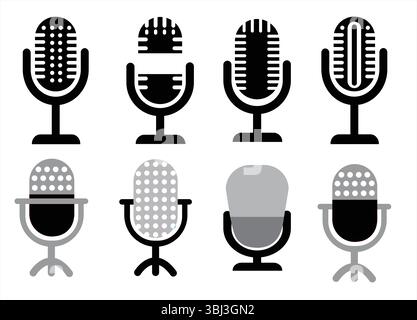 Collezione di icone del microfono vintage e moderno Set di 8 design stilizzati che rappresentano temi audio, radiodiffusione, podcasting e registrazione musicale Illustrazione Vettoriale