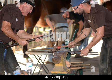 GATTON, AUSTRALIA, 2 MAGGIO 2025: I contadini non identificati appiattiscono un nuovo ferro di cavallo mentre è ancora rosso caldo. Foto Stock