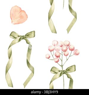 Bacche rosa legate con archi di raso verde, nastri sciolti, petali. Motivo ad acquerello senza cuciture, dipinto a mano. Perfetto per confezione regalo, branding, matrimonio Foto Stock