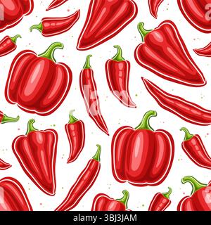 Motivo Vector Red Pepper senza cuciture, sfondo decorativo con vari peperoni cartoni animati dolci e piccanti, cartellone quadrato con gruppo di piatti Illustrazione Vettoriale