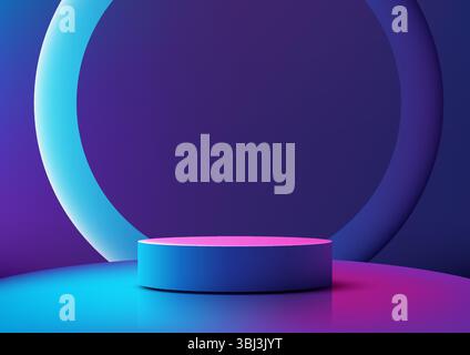 Futuristico podio cilindrico 3d blu vibrante con un tetto rosa brillante, su sfondo viola scuro e anello azzurro illuminato, mock tecnologico Illustrazione Vettoriale