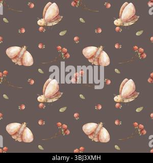 Falena senza cuciture, farfalla, bacche rosse, foglie verdi. Illustrazione ad acquerello disegnata a mano con stampa per bambini su sfondo marrone per Foto Stock