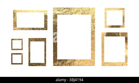 Cornici vuote sulle pareti nella galleria moderna. Varie misure, tra cui quadrate, rettangolari, A4, A3, in oro, legno e bordo sottile. Collezione di gruppo per l'arte Foto Stock