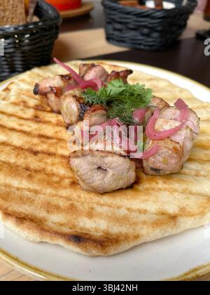 Pezzi di carne alla griglia con cipolle sottaceto su pancake, pita. Cucina tradizionale asiatica. Cibo e prodotti. Foto Stock