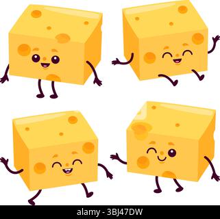 Simpatici personaggi di formaggio tagliati a cubetti. Set di prodotti caseari a cartoni animati, Edam, parmigiano, mozzarella. Raccolta di illustrazioni vettoriali Illustrazione Vettoriale