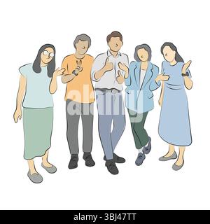 cinque persone in piedi insieme vettore illustrato disegnato a mano con linee nere isolate su sfondo bianco. Illustrazione Vettoriale