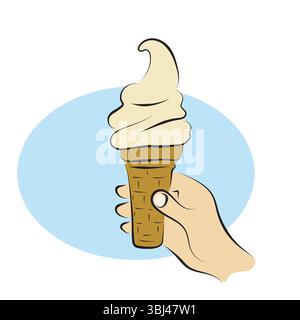 primo piano mano che tiene in mano un cono di gelato vettore illustrazione disegnato a mano con linee nere isolate su sfondo bianco. Illustrazione Vettoriale