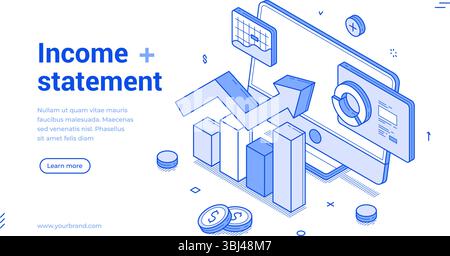 Modello moderno di rendiconto di reddito che mostra icone di linee isometriche, grafici e caratteristiche di design moderno. Enfatizza l'analisi dei dati finanziari, Highl Illustrazione Vettoriale